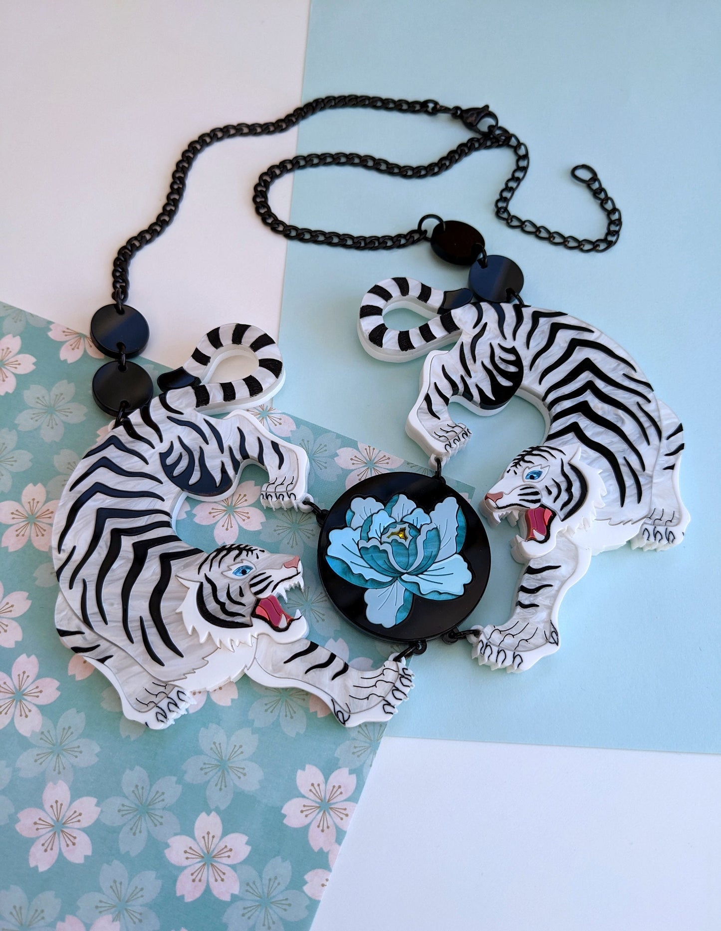 Handmade laser cut acrylic white tiger necklace jn a Japanese style 