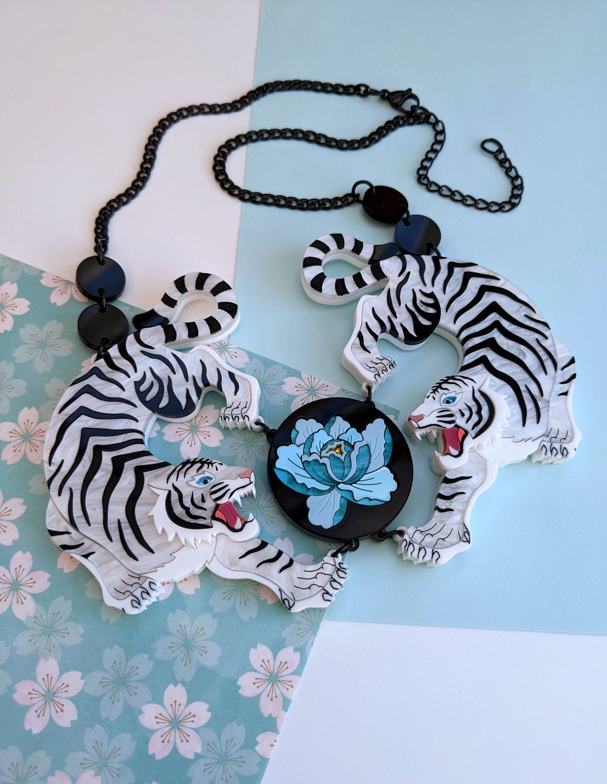 Handmade laser cut acrylic white tiger necklace jn a Japanese style 