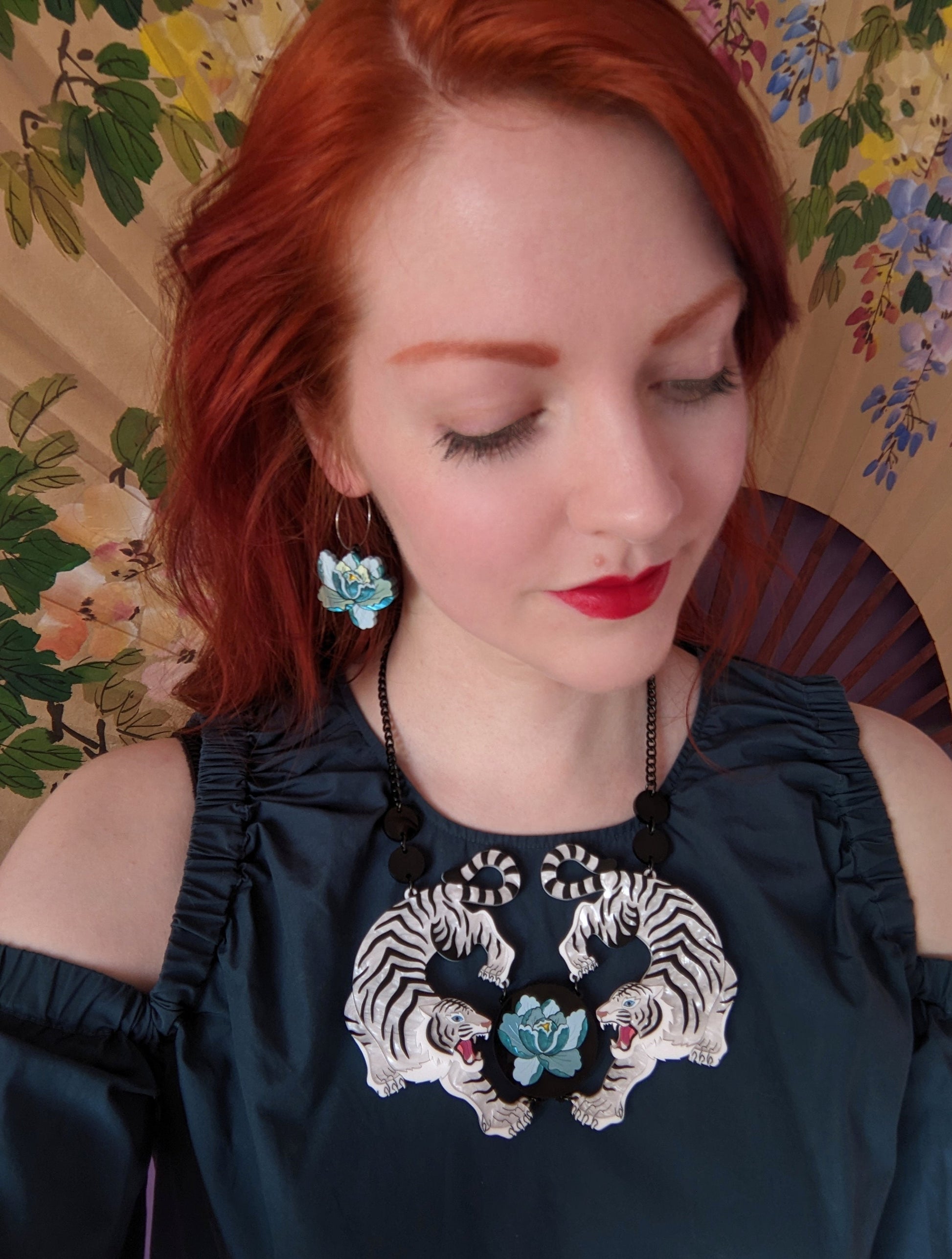 Handmade laser cut double acrylic white tiger necklace in a Japanese style with a peony 