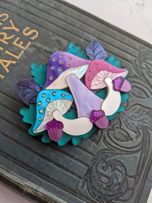 Whimsical fantasy iridescent laser cut acrylic mushroom brooch