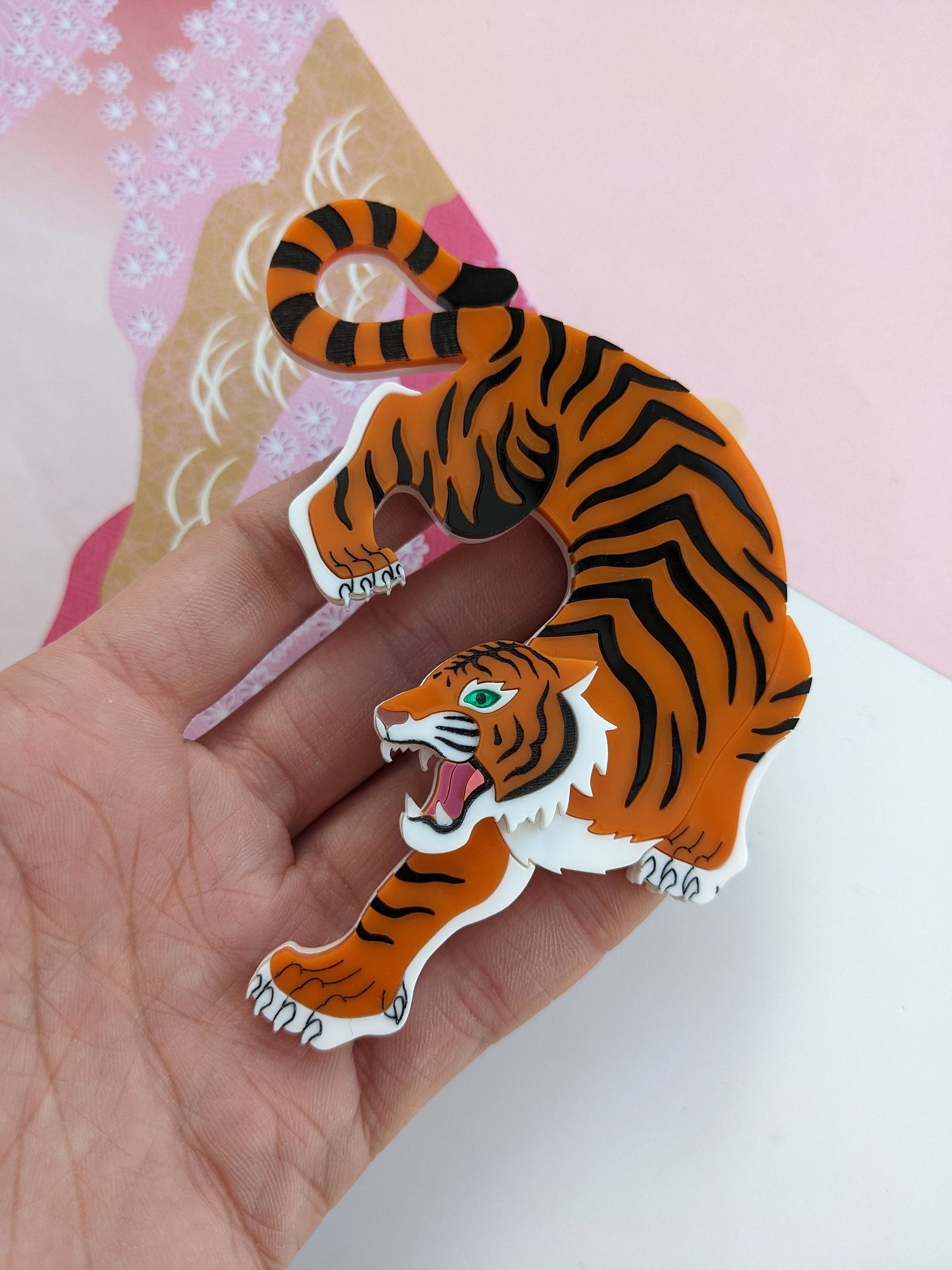 Handmade laser cut acrylic tiger brooch statement 