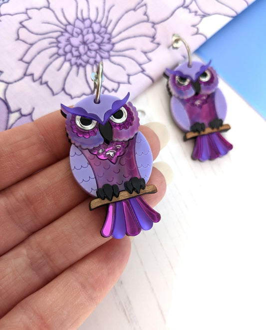 Laser cut acrylic owl earrings. Acrylic jewellery magical purple owls 