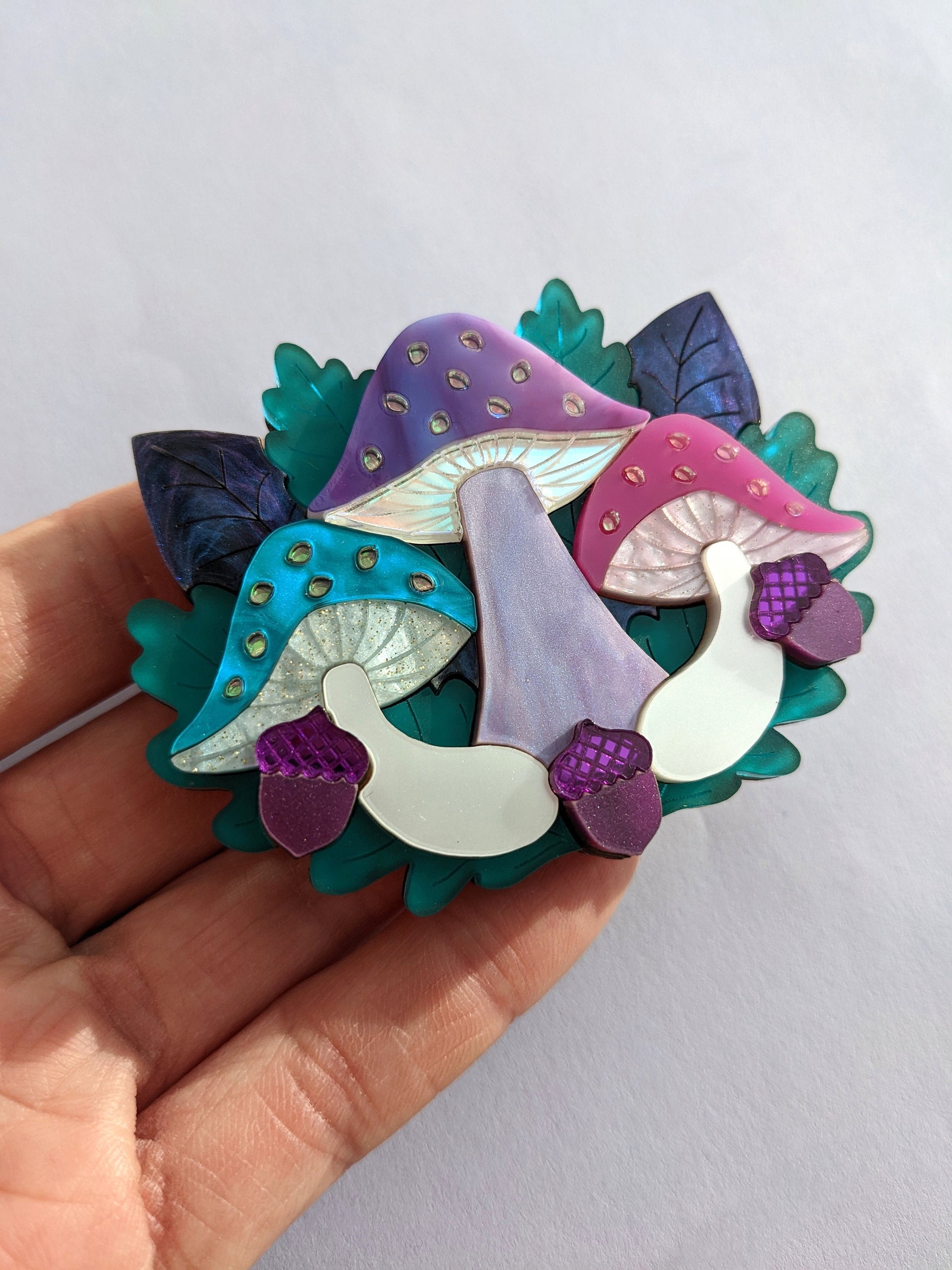Whimsical fantasy iridescent laser cut acrylic mushroom brooch