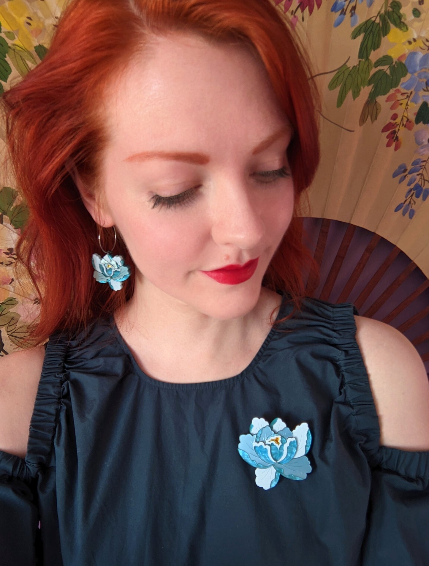 PRE ORDER Peony Dangle, hoop or Stud Earrings - Teal