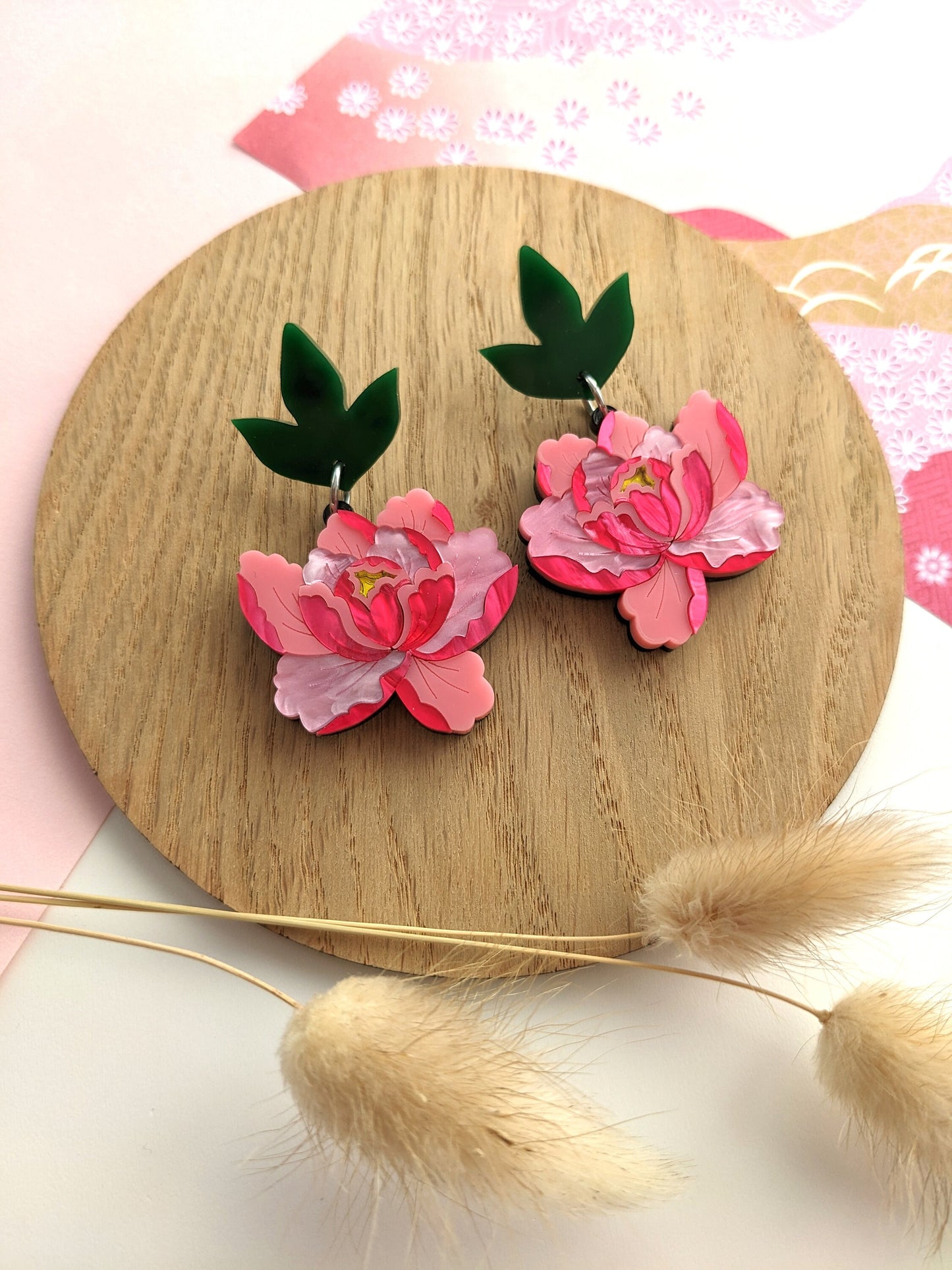 PRE ORDER Peony Dangle, Hoop or Stud Earrings - Bright Pink