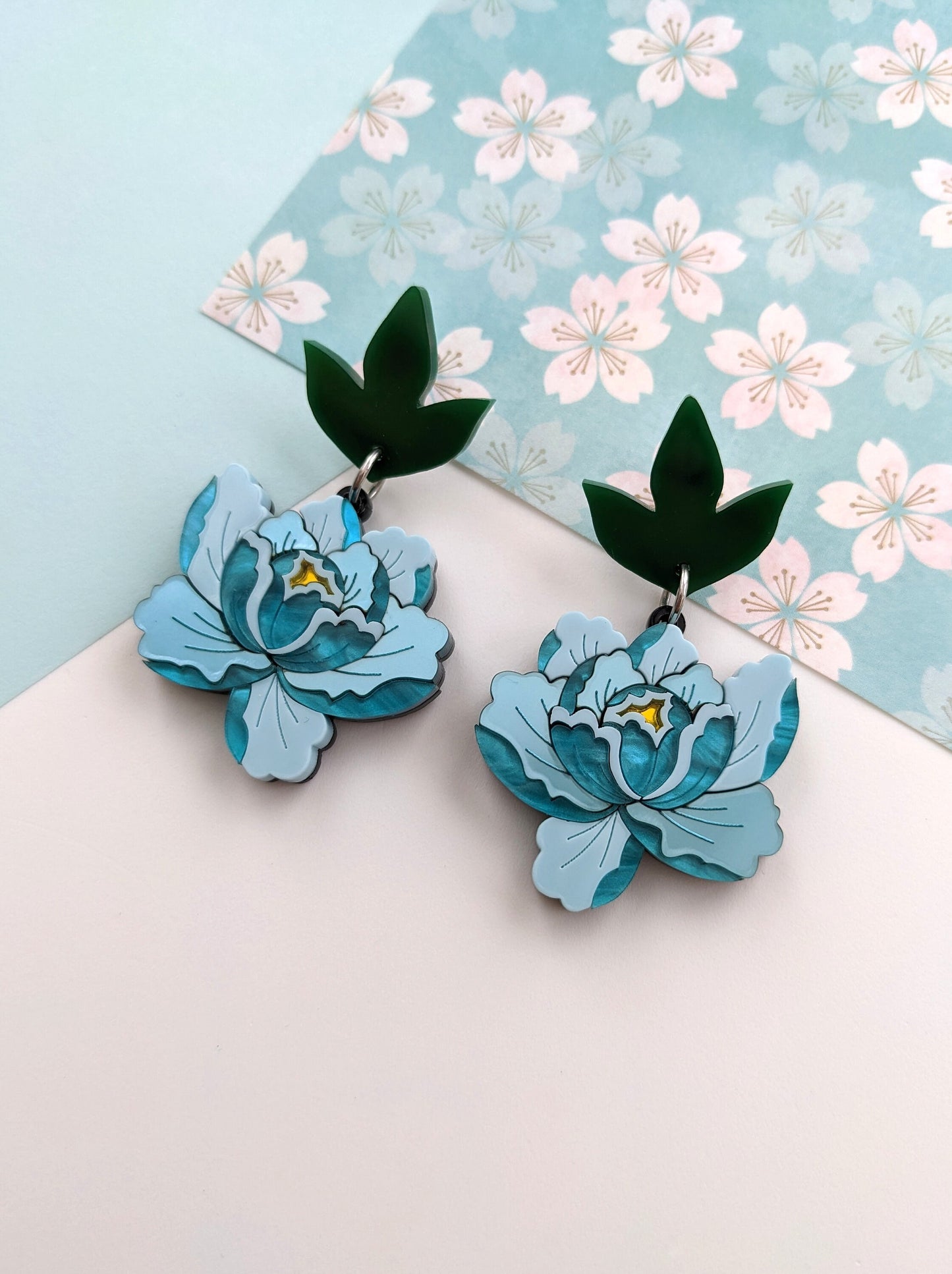 PRE ORDER Peony Dangle, hoop or Stud Earrings - Teal