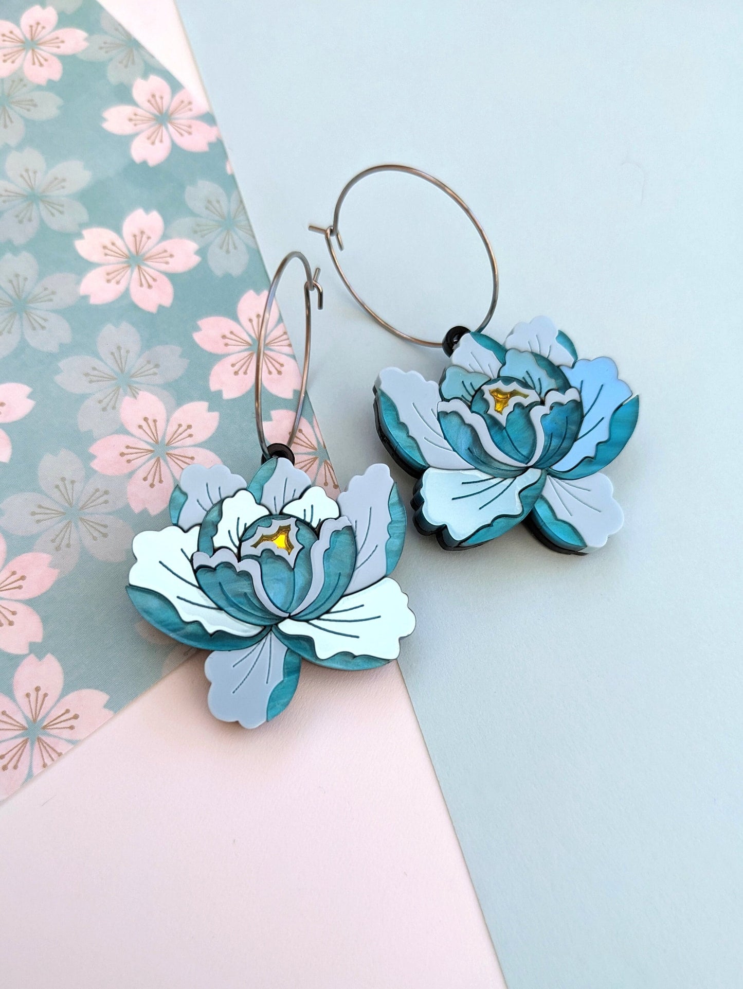 PRE ORDER Peony Dangle, hoop or Stud Earrings - Teal