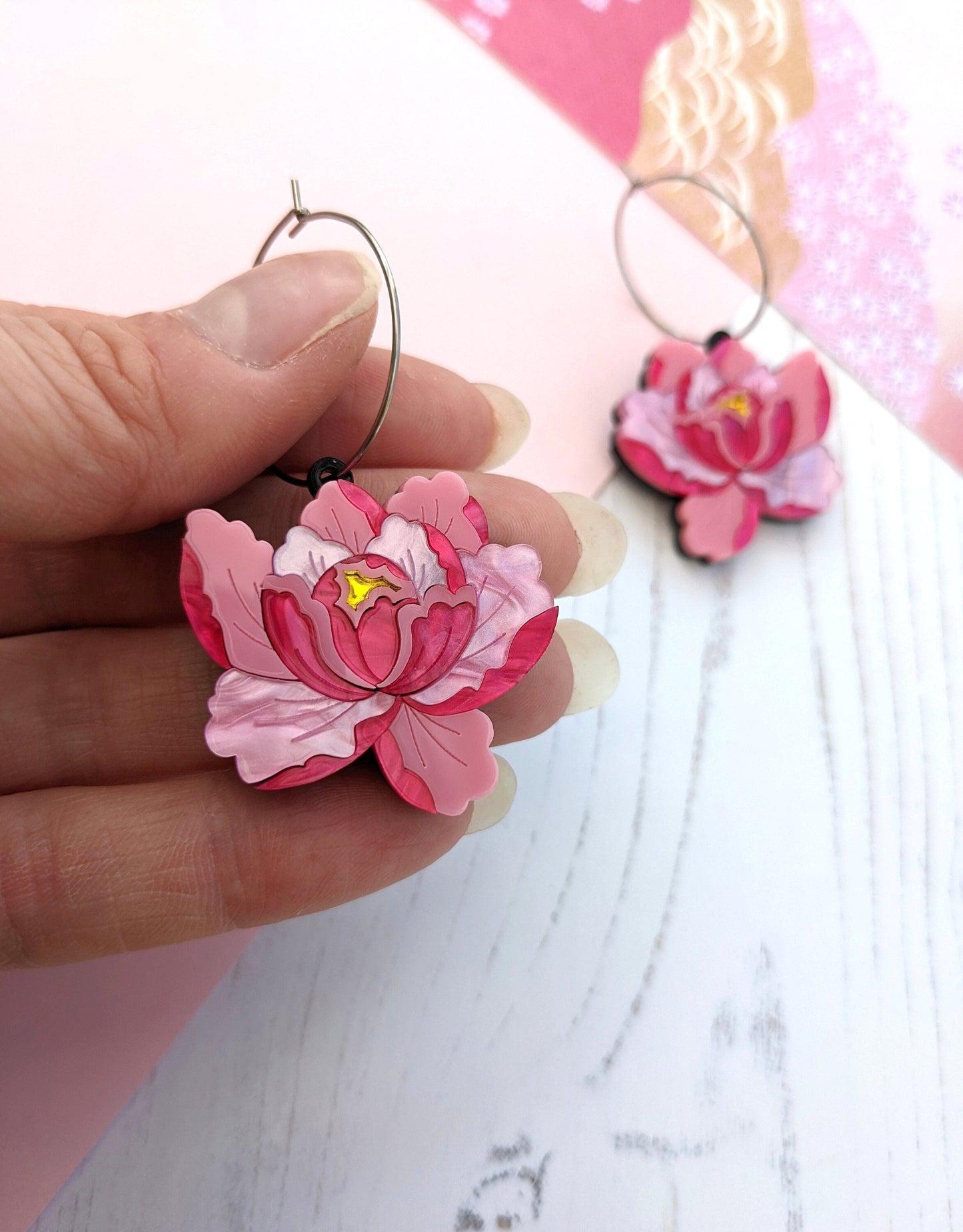 PRE ORDER Peony Dangle, Hoop or Stud Earrings - Bright Pink