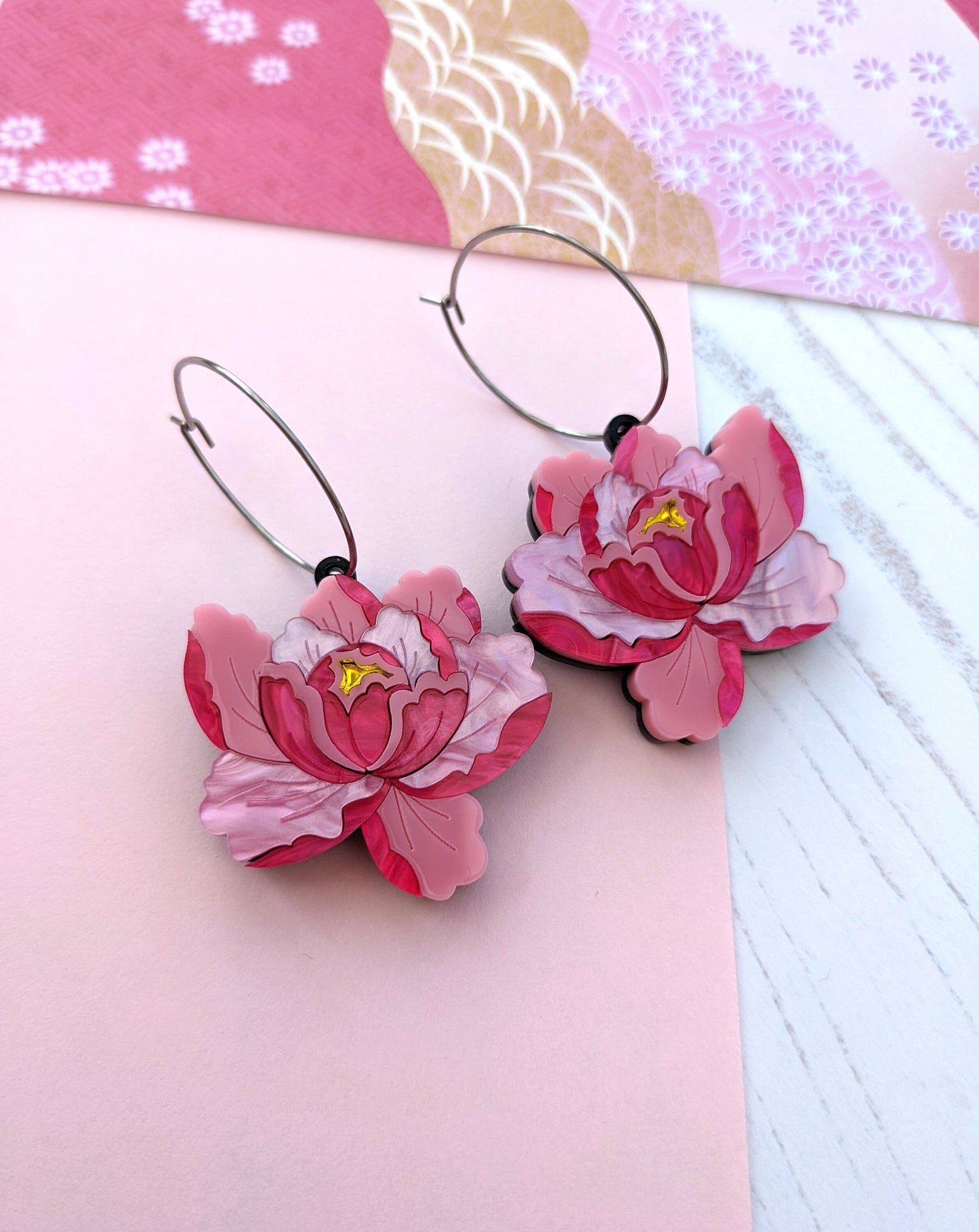 PRE ORDER Peony Dangle, Hoop or Stud Earrings - Bright Pink