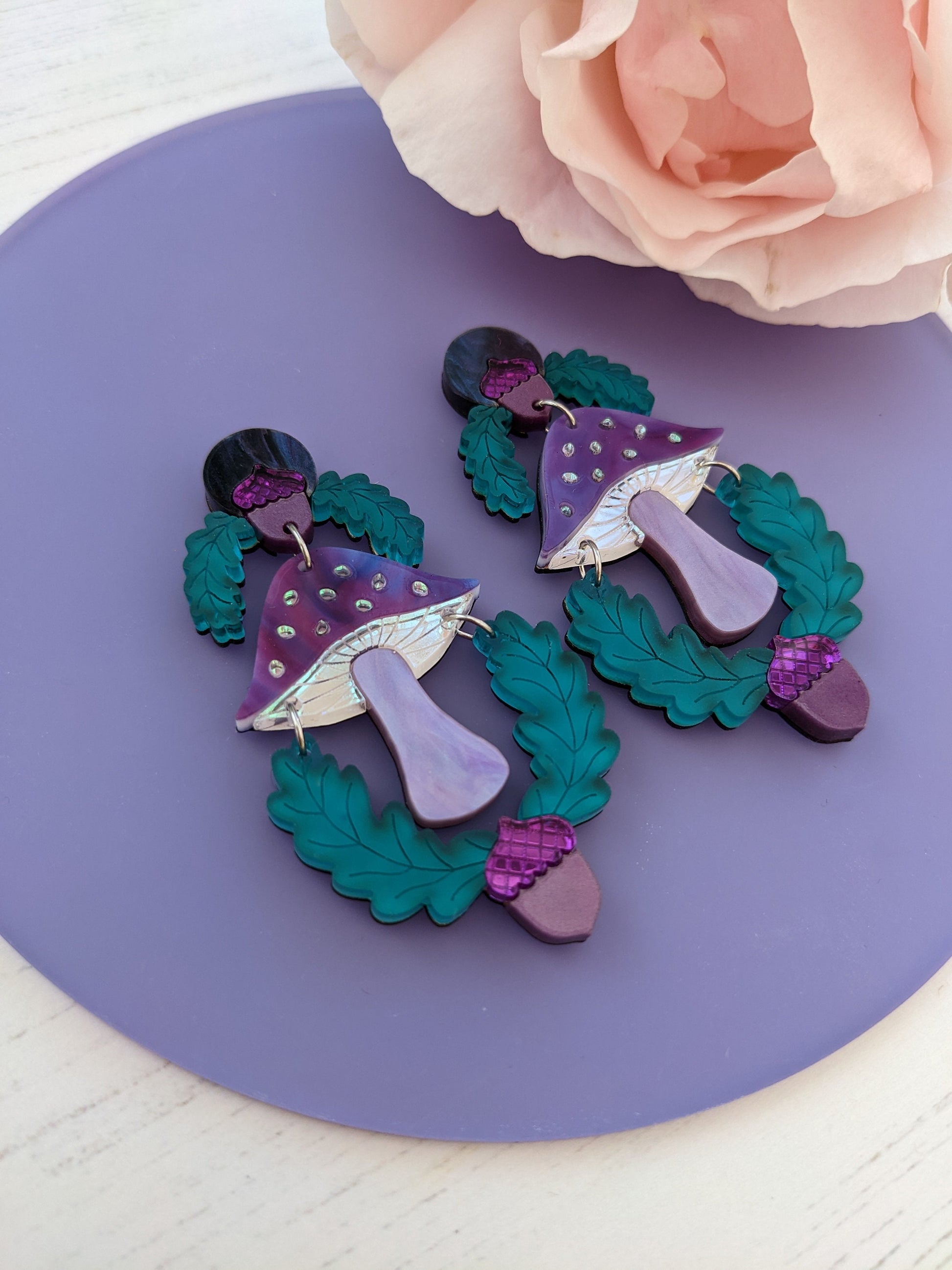 Whimsical fantasy iridescent laser cut acrylic mushroom earrings 