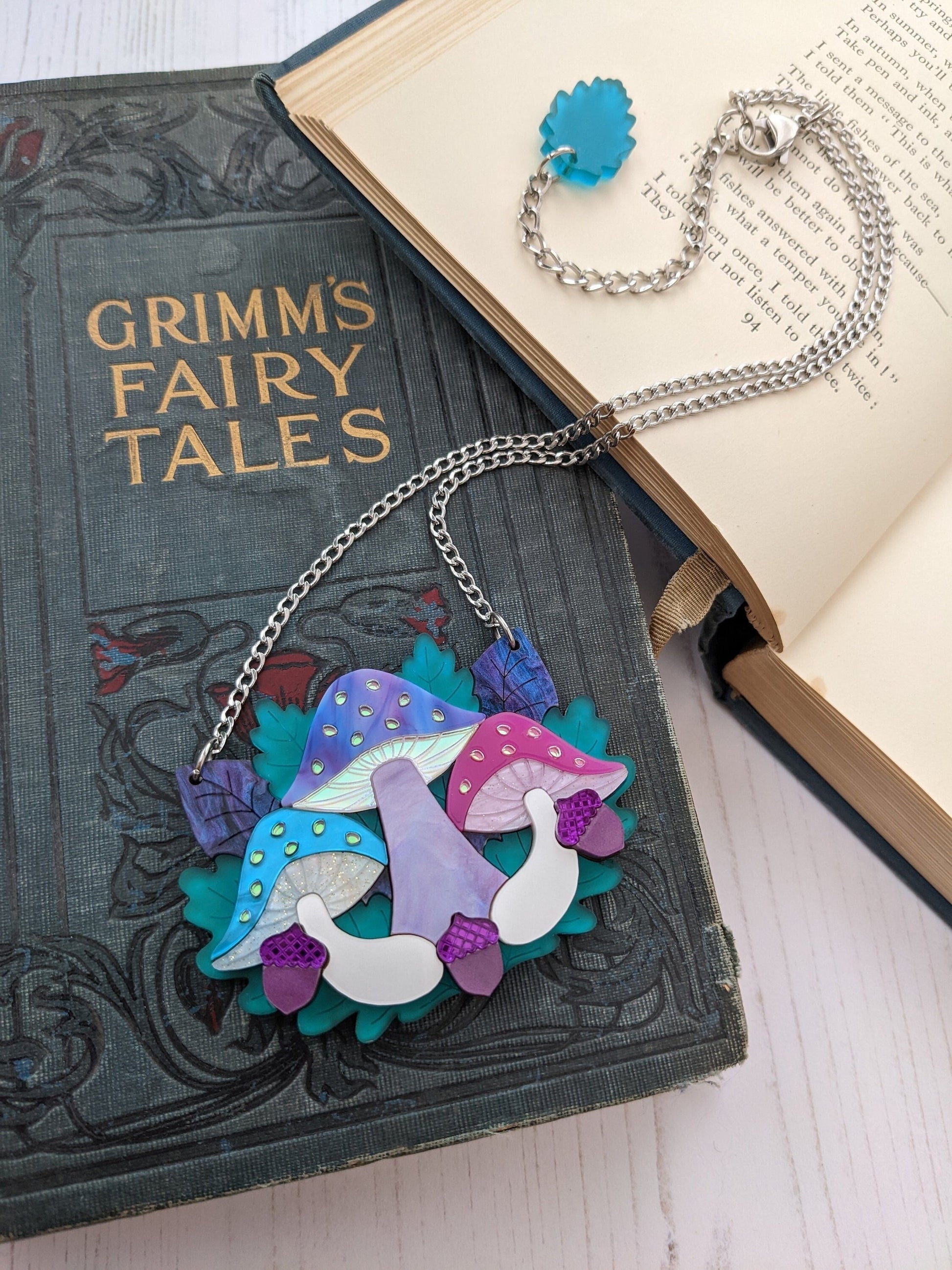 Whimsical fantasy iridescent laser cut acrylic mushroom necklace 